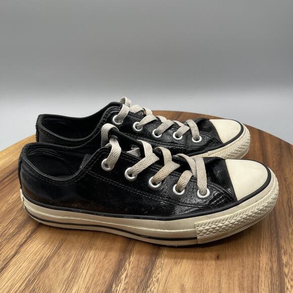 Converse All Star Shoes Womens 6 Black Leather Low Top Classic Lace Up Sneakers - Picture 1 of 8